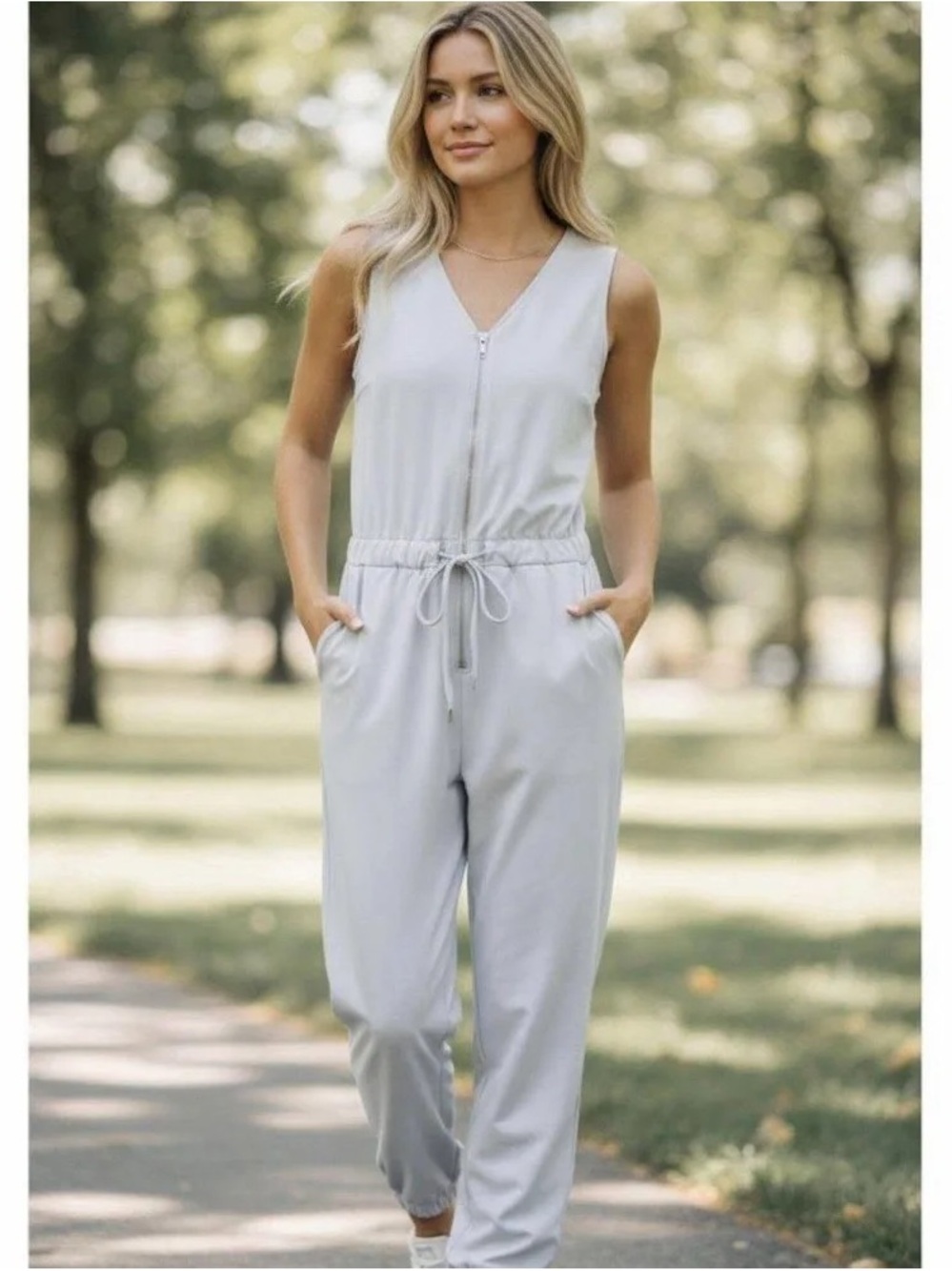 Athleta Flex Jumpsuit Light Gray Casual Drawstring Pants Ripcord Ankle Sz L NWT